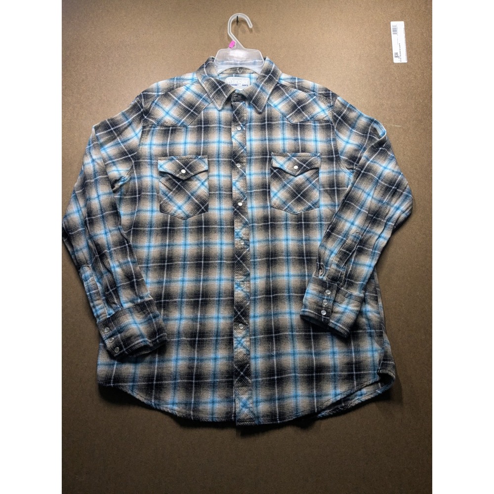 Wrangler Wrancher Flannel Western Shirt Blue Tan Plaid Pearl Snap Cotton Large